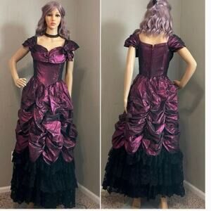 Vintage purple Wine Metallic goth core laced ruffled dress sz 12